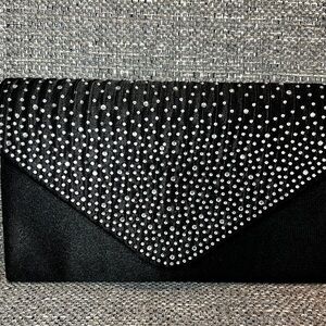 Black & Silver crystal studded clutch with removable silver chain strap.